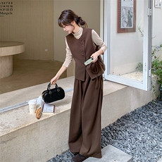 咖色高级感穿搭套装女春季2025新款西装马甲阔腿裤韩系轻熟三件套，女装套装/套裙，2C050