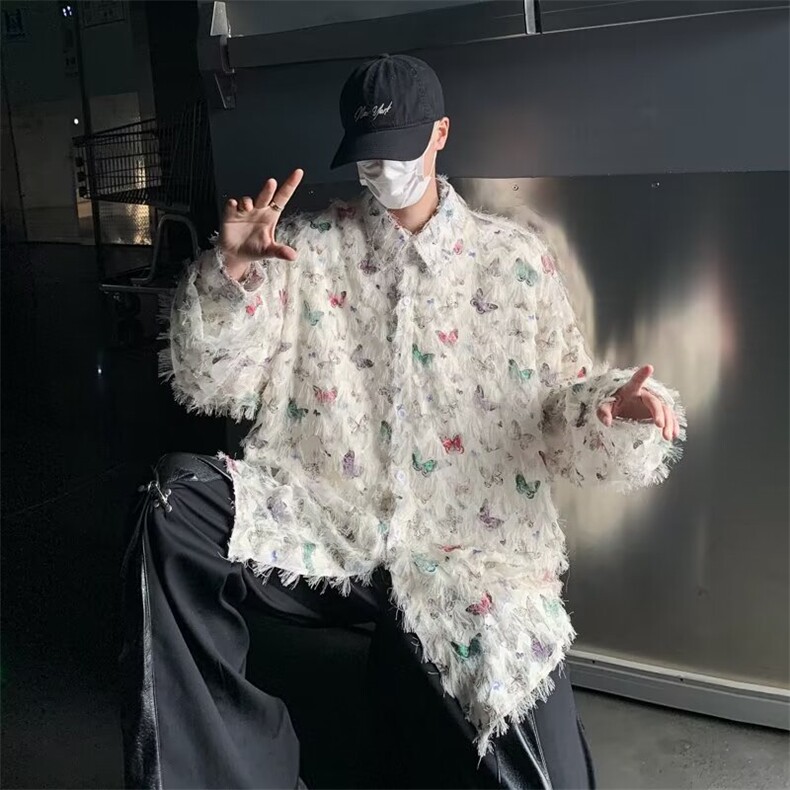 小众蝴蝶毛边流苏设计感衬衫痞帅休闲衬衣1001-1-CS53-P48,男装衬衫,星座1001-1
