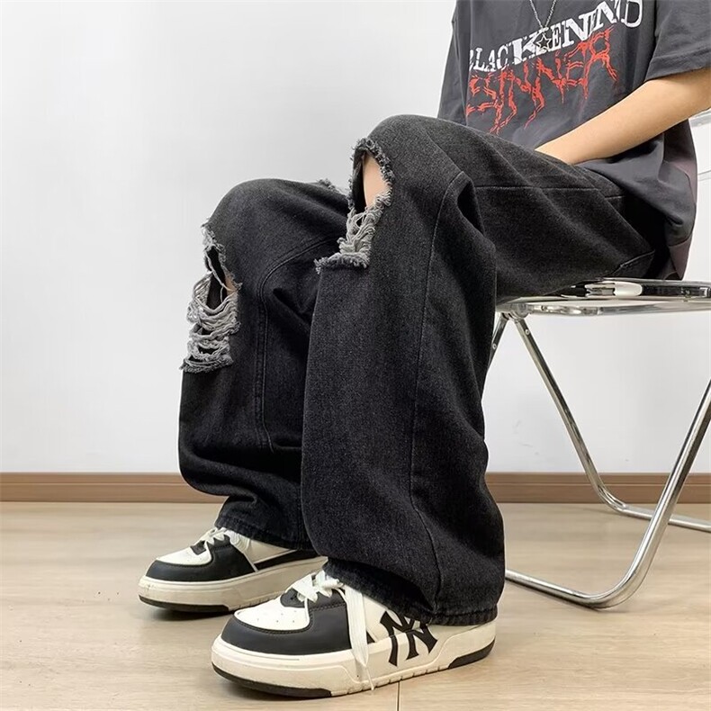 双膝盖破洞磨破牛仔裤男宽松直筒阔腿坠感拖地潮牌N6126,男装牛仔裤,星座1116A-1（原606A）