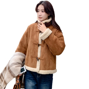 皮毛一体仿羊羔毛外套冬季2024新款小个子加厚仿麂皮绒机车服夹克图片