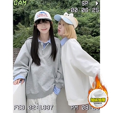 重磅加绒硬挺boxy男女美式高街假两件衬衫领长袖卫衣POLO领打底衫，男装T恤，电商A486
