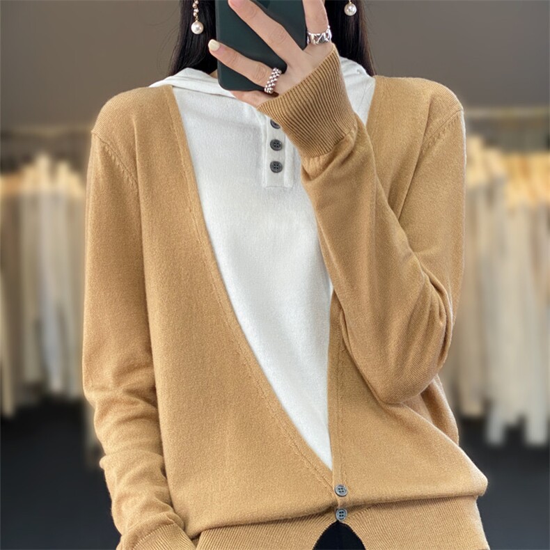2025春季新款假两件连帽针织衫女士宽松显瘦套头帽衫卫衣羊毛上衣,针织衫/毛衣,雪真羊绒