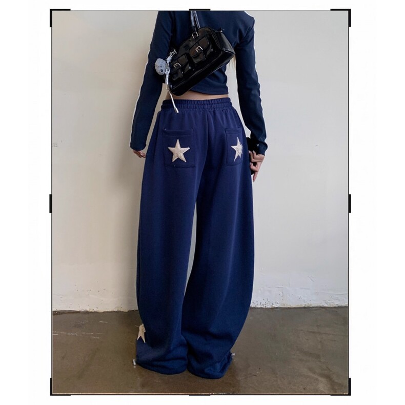 美式复古休闲星星刺绣阔腿裤女灰色抽绳长裤宽松运动裤潮，女装休闲裤，星座506A