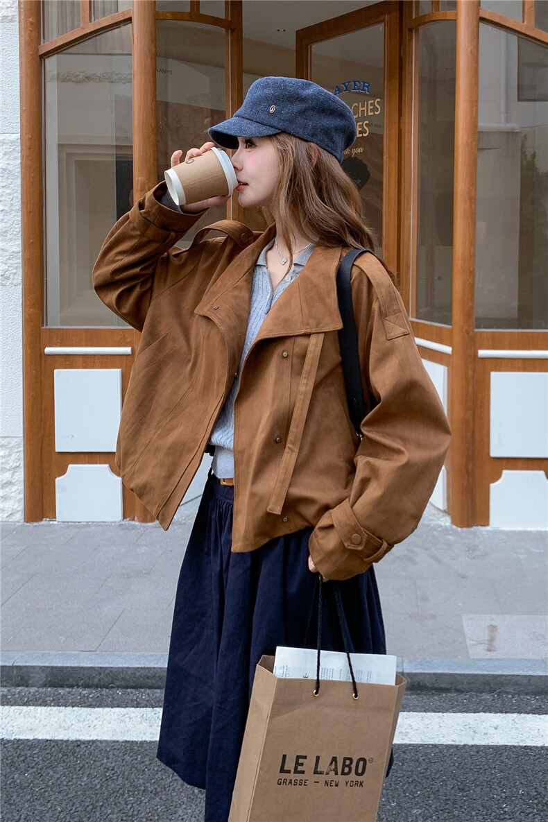 美拉德棕色麂皮绒外套女2025新款秋季韩系巨好看的短款夹克上衣,女装短外套,浪娴服饰