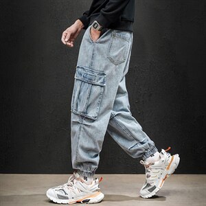 2021秋季新日系大码男马切达工装大口袋束脚九分牛仔裤N8018-P55图片
