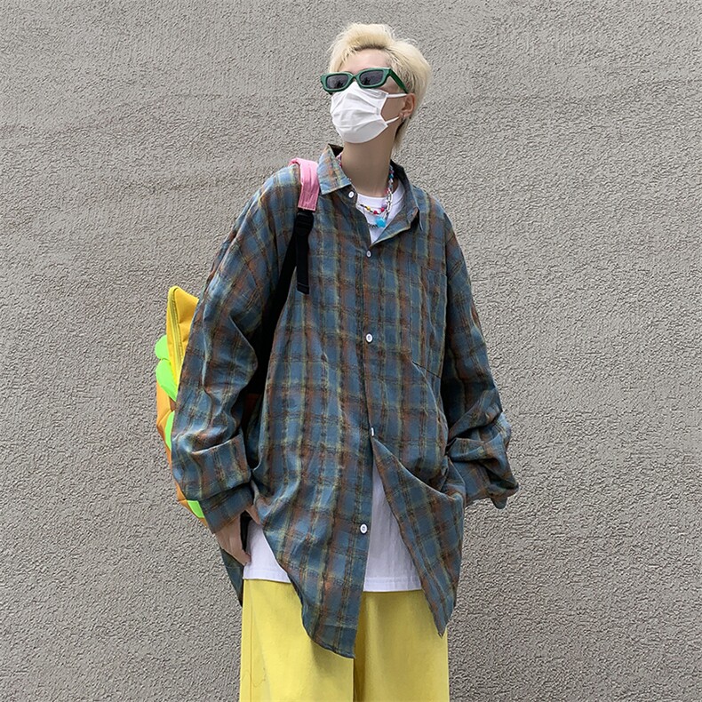格子衬衫男女款ins潮牌宽松痞帅长袖衬衣帅气春秋外套C08013-P45图片
