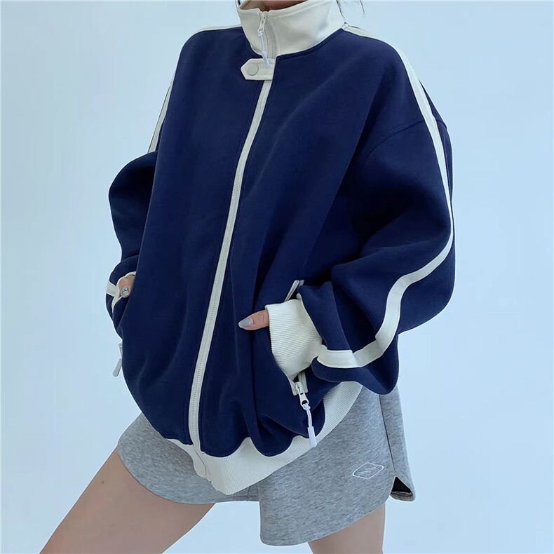 WY841-P65-450克美式慵懒chic新款复古撞色运动休闲立领卫衣外套,女装短外套,星座1811B
