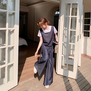 韩系复古马甲套装裤女2025夏季新款显瘦短袖T恤阔腿裤休闲三件套图片