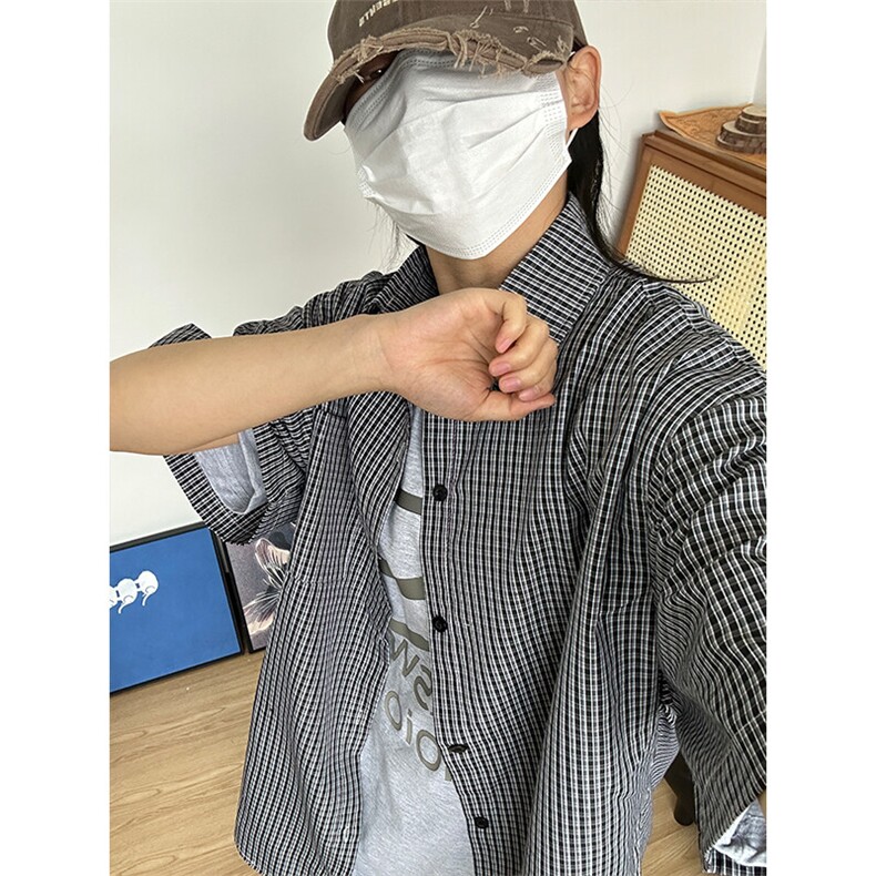 格子衬衫春夏美式短袖衬衫港风情侣装休闲衬衣 CS286-P30图片