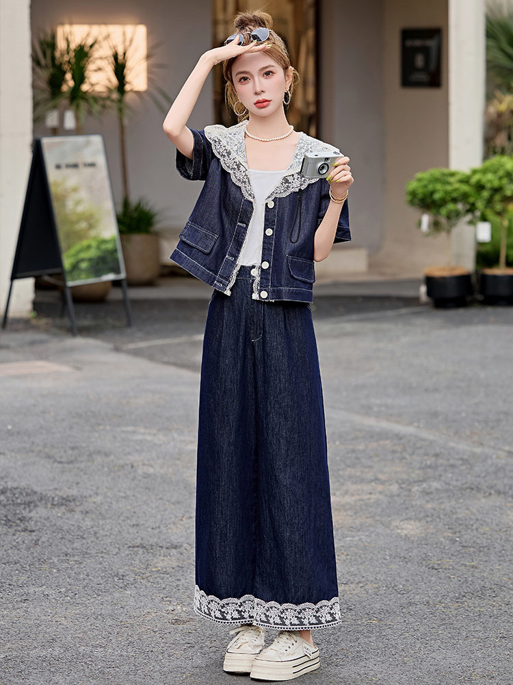 设计感小众牛仔套装女2025夏季新款蕾丝上衣拼接阔腿裤两件套,女装套装/套裙,E百度