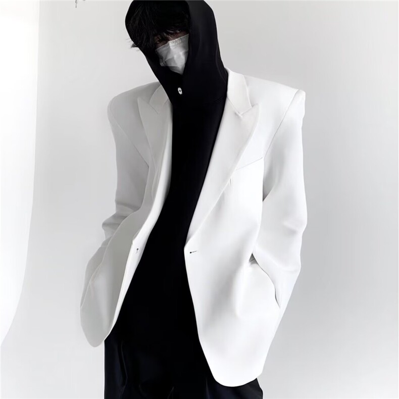 春秋小众极简ins白色西装外套男垂感戗驳领休闲垫肩西服W6612-P55,男装西服,星座412-1