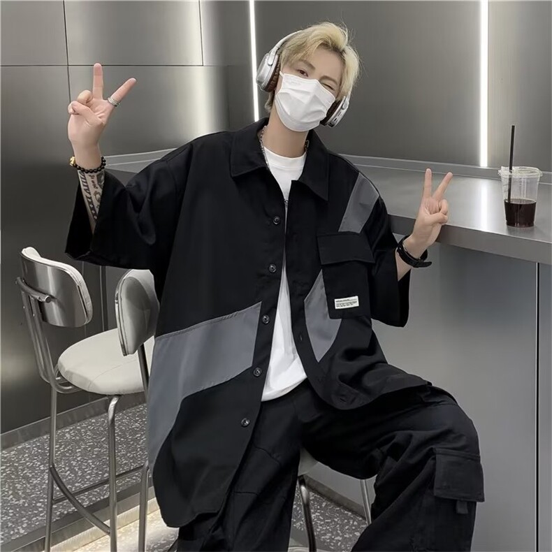 设计感拼接短袖衬衫男夏季日系Cityboy宽松休闲衬衣外套C2793-P33,男装T恤,星座1008-1