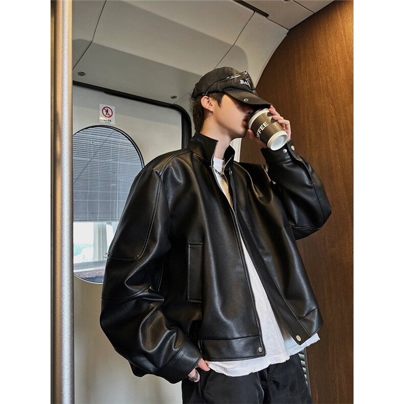 （网图现货）潮流垫肩百搭皮衣短款夹克外套1209-1-JK20-P70，男装皮衣，星座1209-1