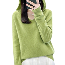 2025新款连帽女V领带帽毛衣宽松卫衣针织打底帽衫，女装羊毛衫，大美人高端店
