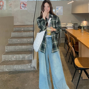 情侣复古撞色显白格子长袖衬衫春夏2025新款开衫上衣insCS002-55图片