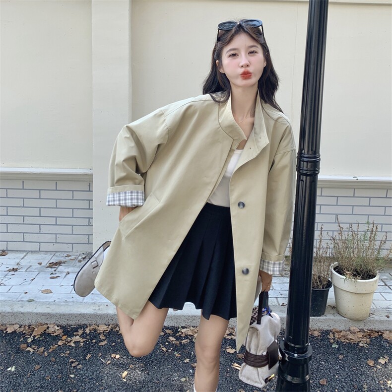 卡其色立领风衣外套女2025秋新款今年流行韩系宽松休闲小个子上衣,女装短外套,2C129