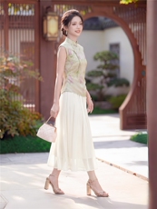 现货高级感新中式立领短袖女2026新款改良旗袍领收腰时尚套裙套裙，女装套装/套裙，兰菲阁