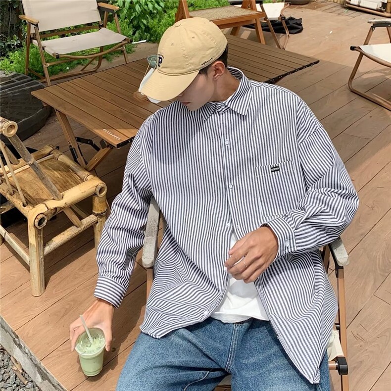 条纹衬衫长袖男春秋季款日系cityboy宽松休闲衬衣外套潮CS224-p30图片