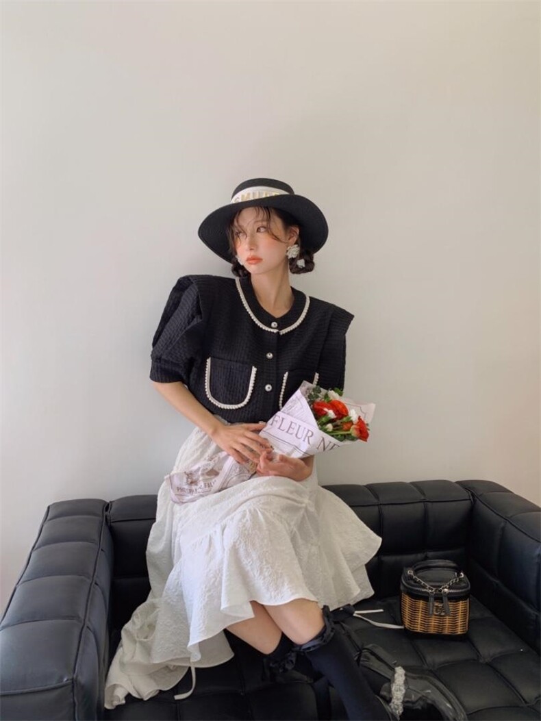 珍珠黑色上衣?提花半裙，女装半身裙，YOUER DENG