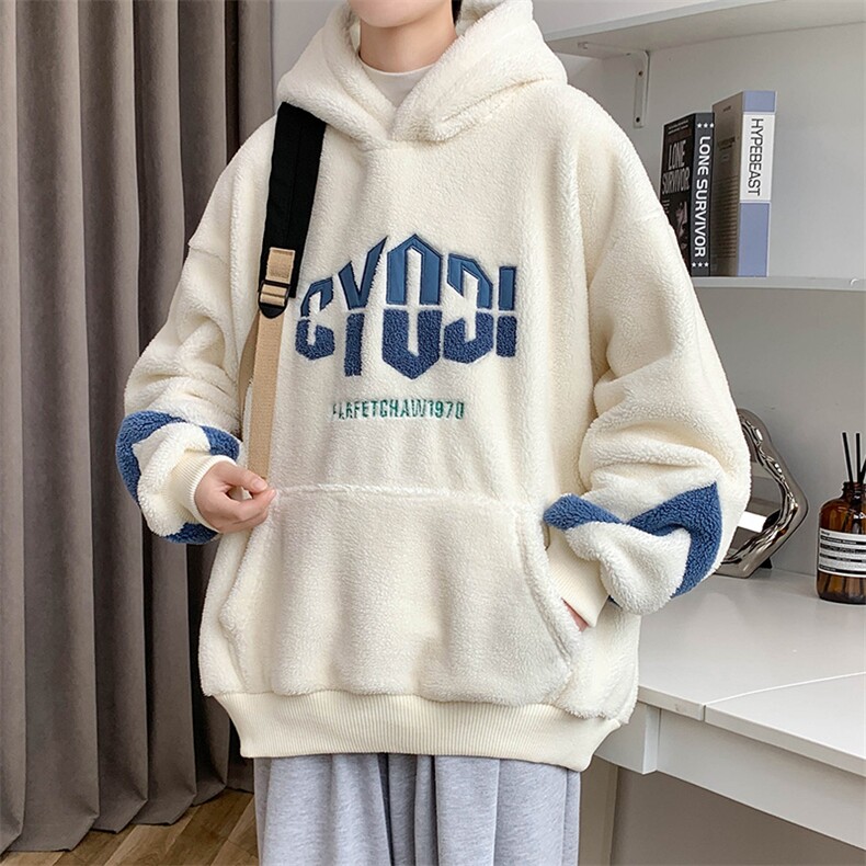 2023秋冬羊羔绒刺绣上衣潮加绒连帽卫衣外套男女983-P90控价128,男装卫衣,电商A441-1