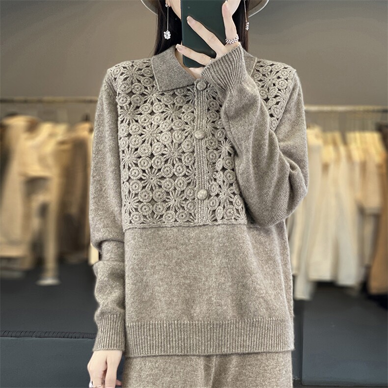 POLO领中长款100%纯羊毛衫女手工刺绣钩花长裙宽松羊绒衫针织打底,女装羊毛衫,江南羊绒