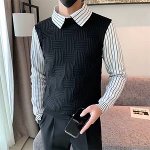 衬衫领毛衣男冬季条纹假两件针织衫男装潮牌痞帅打底长袖衣服P53图片