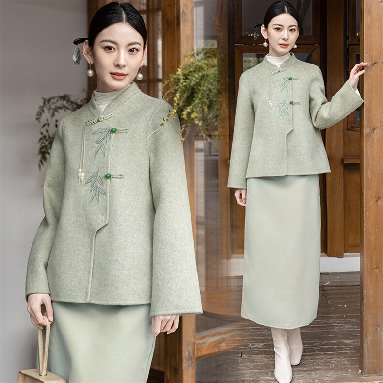中国风双面羊毛套装女2024春秋新款中式改良旗袍高腰茶服两件套裙，女装套装/套裙，芷墨服饰