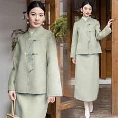 中国风双面羊毛套装女2024春秋新款中式改良旗袍高腰茶服两件套裙，女装套装/套裙，芷墨服饰