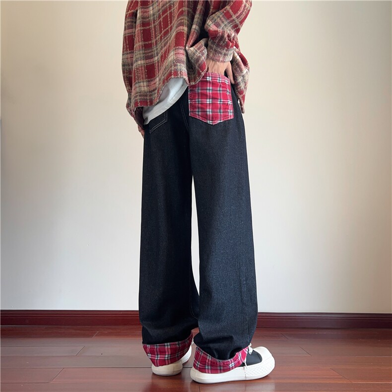 抖音品质美式高街格子拼接卷边阔腿牛仔裤B315-K110-特p40控78,男装牛仔裤,电商B315