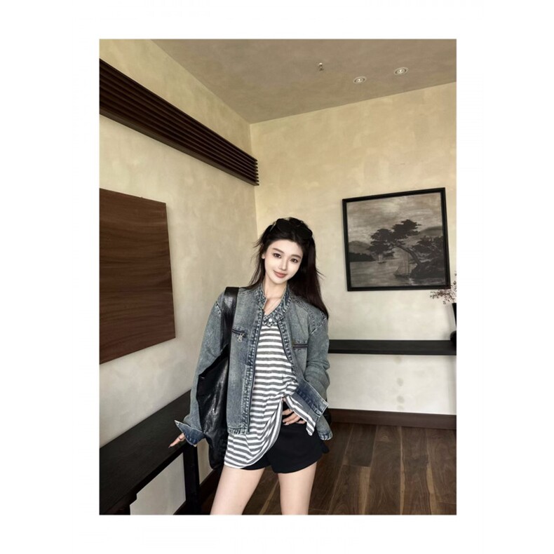 美式复古水洗做旧牛仔外套男女春秋高级感宽松拉链夹克上衣,男装工装外套,星座506A