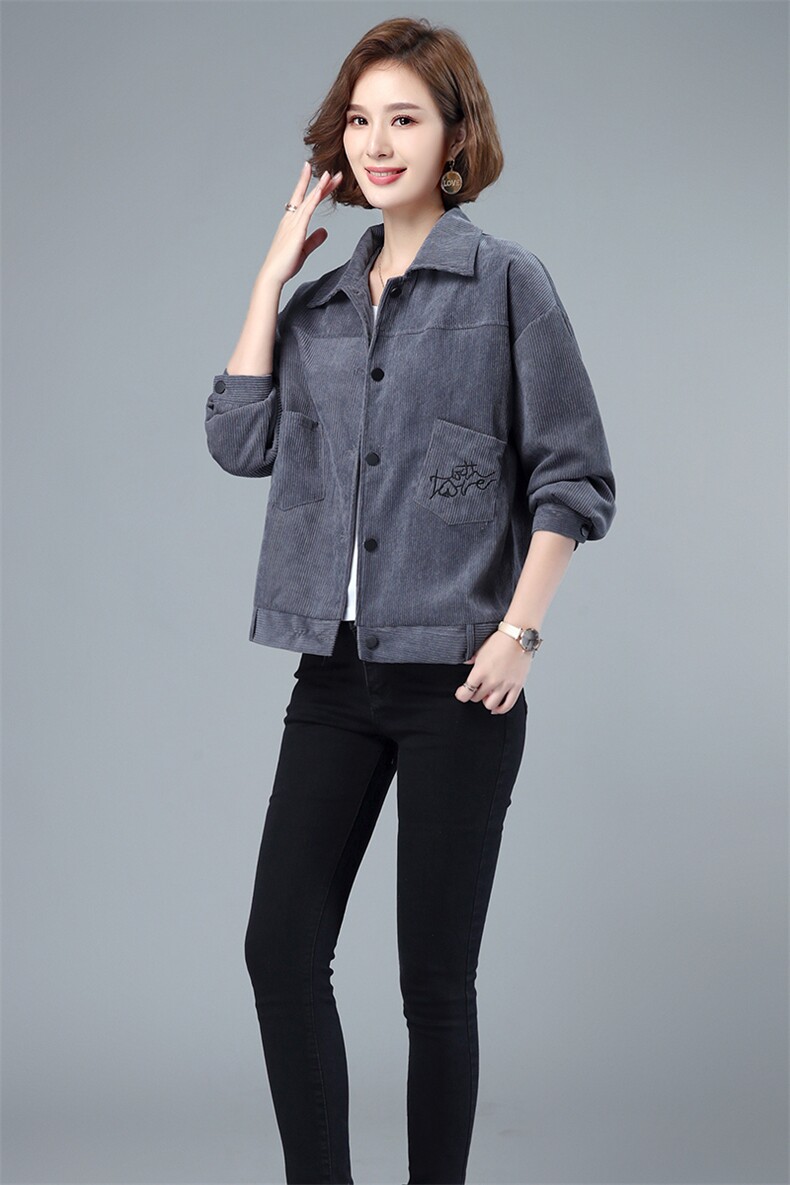 灯芯绒短外套女2021秋冬新款加厚单排扣翻领长袖纯色上衣通勤,女装短外套,伊满意