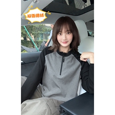 美式插肩袖德绒撞色拼接立领健身宽松长袖T恤男T24514-特P25控48，男装T恤，电商A001-1