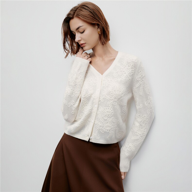秋冬新款时尚百搭v领排扣宽松显瘦山羊绒100%提花针织开衫女，女装羊绒衫，阿舍尔精品