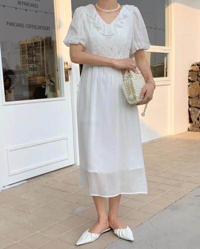 夏季新款领口带荷叶边连衣裙，女装连衣裙，墨初