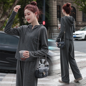 春装深灰色慵懒风休闲运动服套装女2025新款超火卫衣阔腿裤两件套图片