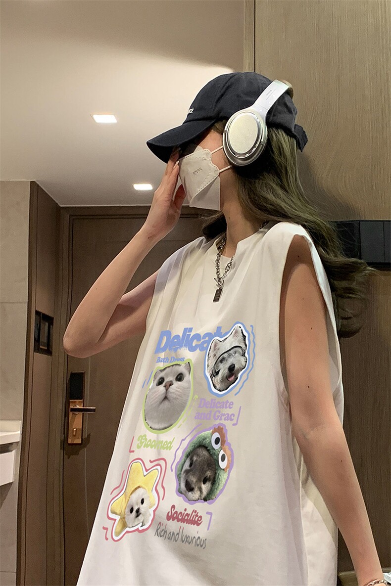 美式无袖T恤男夏季薄款慵懒风小猫咪印花背心青少年运动大码坎肩,男装背心/马甲,电商A102B