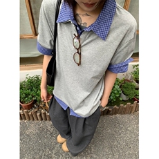 得物抖音高品质二开夏季美式潮牌高街假两件格子衬衣翻领短袖T恤，男装T恤，电商A486
