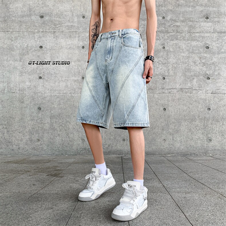 B221美式ins高街暗黑小众拼接牛仔短裤五分裤LK23068-P50控68,男装牛仔裤,电商B221