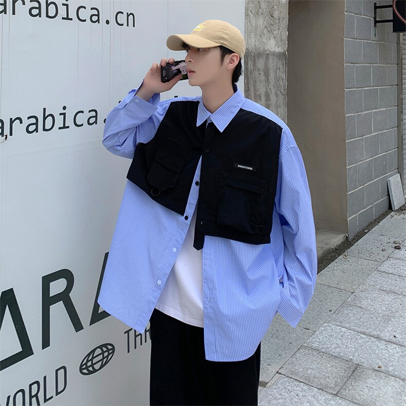 假两件高街ins工装外套衬衣秋季日系拼接宽松衬衫男W5597-P45,男装衬衫,星座512-2