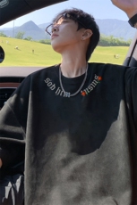 麂皮重磅短袖t恤男生夏季领口印花潮牌宽松大码圆领落肩半袖衣服，男装T恤，电商B371