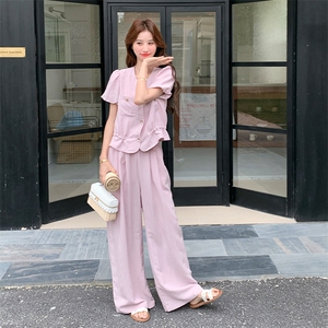 粉色泡泡袖套装女夏收腰阔腿裤两件套时尚显瘦223-1551P165K245图片