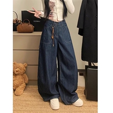 美式复古刺绣直筒竖条纹牛仔裤男女高街宽松百搭显瘦垂感长裤，男装牛仔裤，星座506A