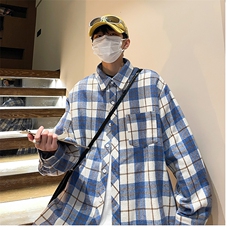 控价69港风格子衬衫宽松外套男女衬衣百搭格子外套CS2408P45，男装衬衫，电商A128