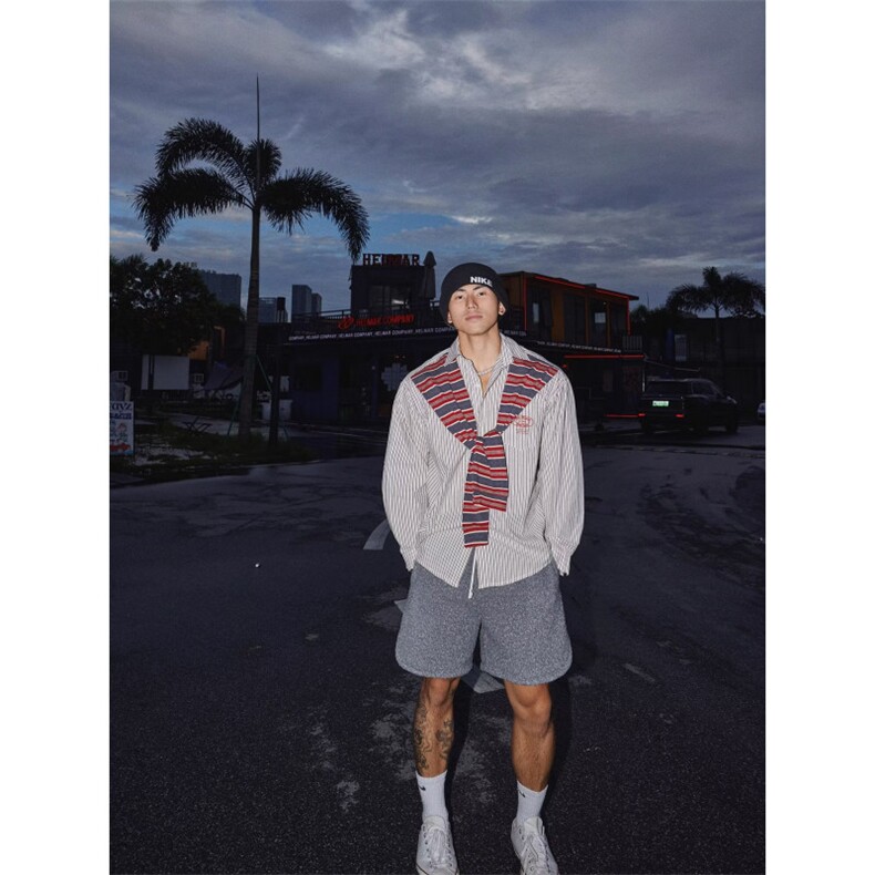 美式复古学院风条纹披肩长袖衬衫,男装衬衫,四季星座505