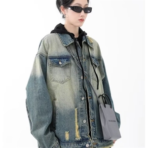 水洗做旧破洞牛仔外套女美式设计小众渐变高街牛仔服夹克图片