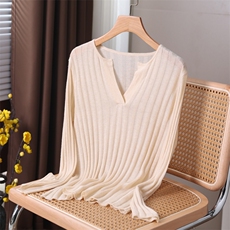 2021春秋季薄款打底毛衣女坑条半开领新款洋气套头外穿羊毛针织衫，女装针织衫/毛衣，唯若美羊绒