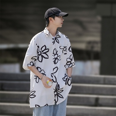 2025夏装花朵印花短袖冰丝衬衫男女潮流衬衣C309P35，男装T恤，电商C323