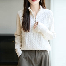 法式拉链半开领纯羊毛针织衫女复古麻花毛衣2025新款加厚保暖上衣，女装羊毛衫，越洋羊