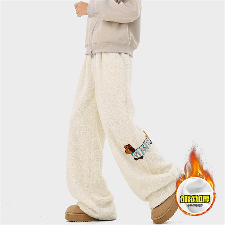冬季美式刺绣羊羔毛棉裤男女情侣加绒加厚保暖宽松休闲阔腿长裤子，男装棉衣，电商A486