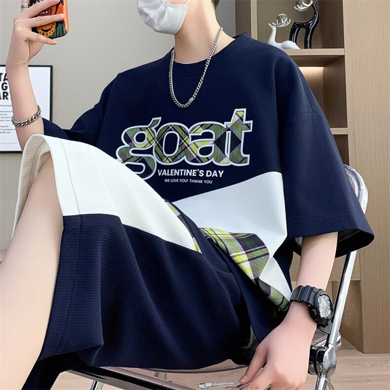 港风套装男休闲宽松冰丝青年圆领短袖T恤短裤两件套-JZ503-P51,男装牛仔裤,星座310B